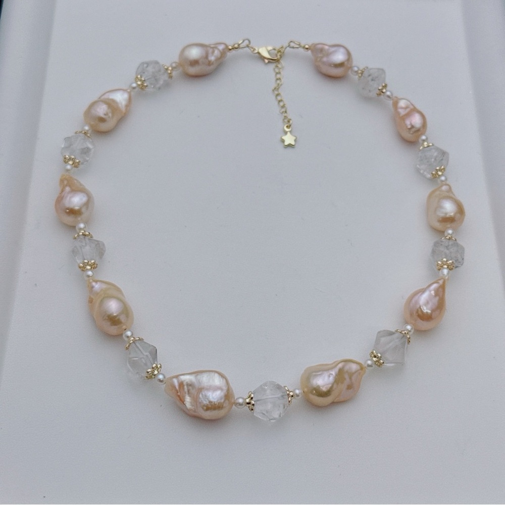 X707 Handmade Flame ball Freshwater Baroque Pearl Clear Quartz Necklace